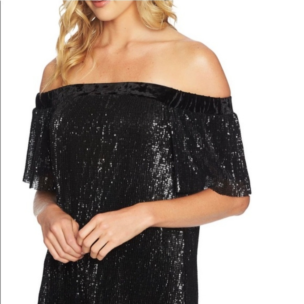 1. State-Black Sequin Velvet Trim Off The Shoulder Blouse